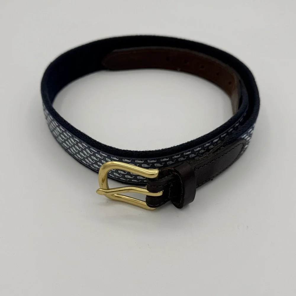 Vineyard Vines Boys Whale Canvas Belt Blue Leather Trim 34 Inch Gold Buckle
